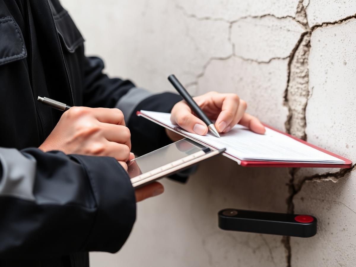 Perito de engenharia registrando evidências durante vistoria